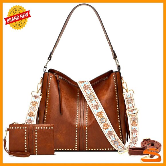 Handbags - Large Hobo Tote Bag with Wallet, Studded Shoulder Handbag, Adjustable Straps